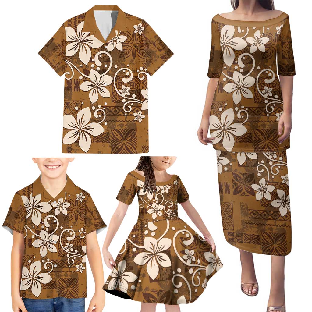 Plumeria Floral Tapa Pattern Vintage Gold Family Matching Puletasi and Hawaiian Shirt LT01 - Polynesian Pride
