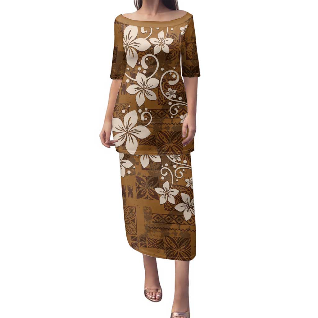 Plumeria Floral Tapa Pattern Vintage Gold Family Matching Puletasi and Hawaiian Shirt LT01 Mom's Dress Gold - Polynesian Pride