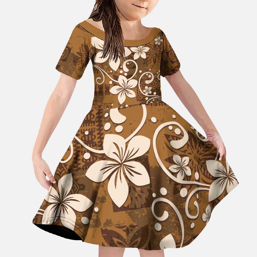 Plumeria Floral Tapa Pattern Vintage Gold Family Matching Short Sleeve Bodycon Dress and Hawaiian Shirt LT01 Daughter's Dress Gold - Polynesian Pride