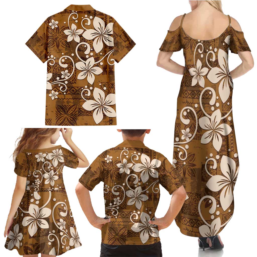 Plumeria Floral Tapa Pattern Vintage Gold Family Matching Summer Maxi Dress and Hawaiian Shirt LT01 - Polynesian Pride