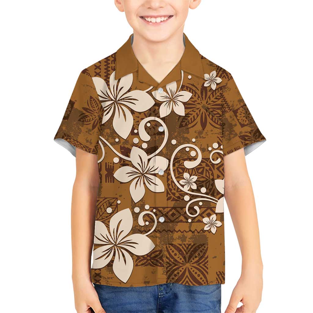 Plumeria Floral Tapa Pattern Vintage Gold Family Matching Summer Maxi Dress and Hawaiian Shirt LT01 Son's Shirt Gold - Polynesian Pride
