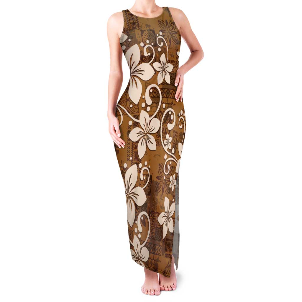 Plumeria Floral Tapa Pattern Vintage Gold Family Matching Tank Maxi Dress and Hawaiian Shirt LT01 Mom's Dress Gold - Polynesian Pride
