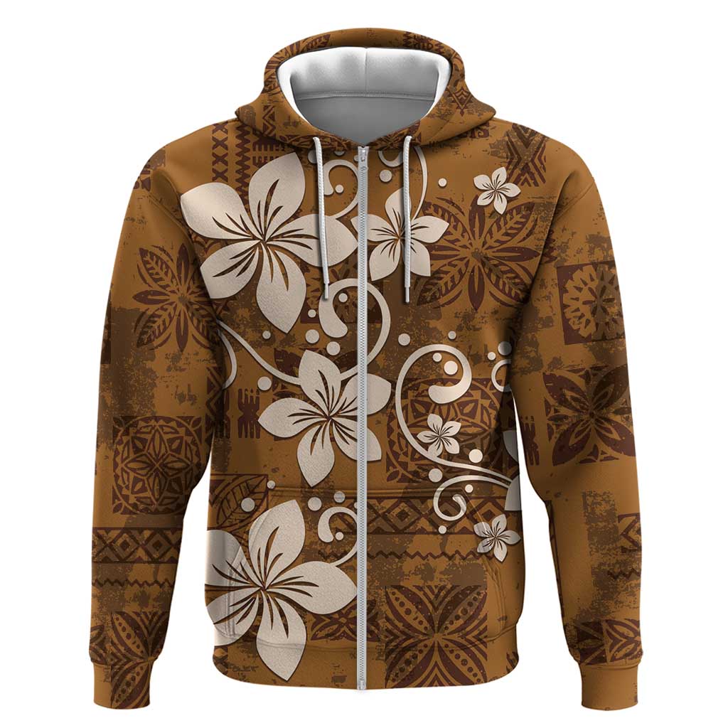 Plumeria Floral Tapa Pattern Vintage Gold Hoodie LT01 Zip Hoodie Gold - Polynesian Pride