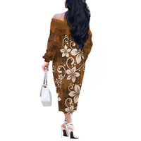 Plumeria Floral Tapa Pattern Vintage Gold Off The Shoulder Long Sleeve Dress LT01 - Polynesian Pride