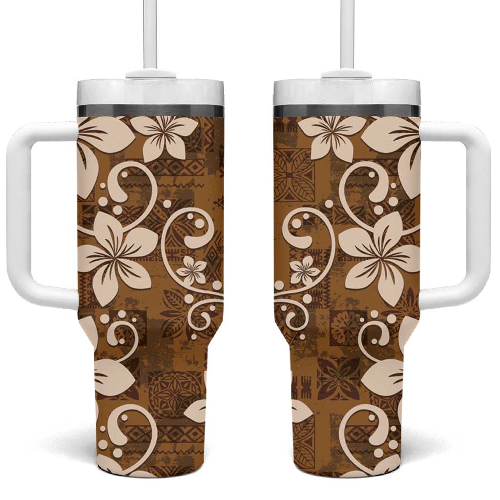 Plumeria Floral Tapa Pattern Vintage Gold Tumbler With Handle LT01 One Size: 40 oz Gold - Polynesian Pride
