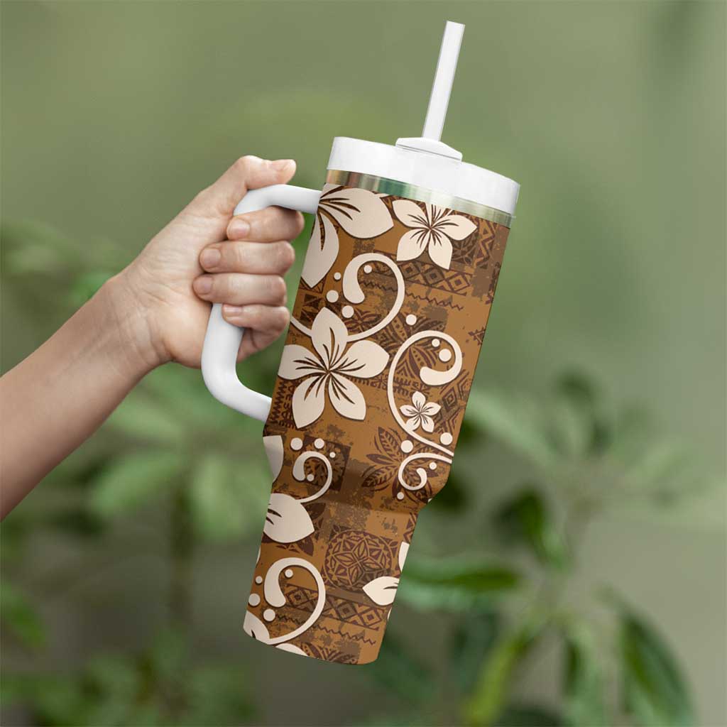 Plumeria Floral Tapa Pattern Vintage Gold Tumbler With Handle LT01 - Polynesian Pride