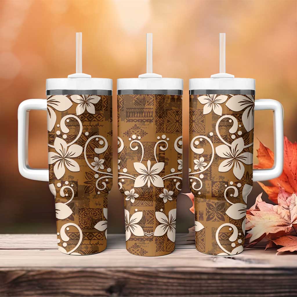 Plumeria Floral Tapa Pattern Vintage Gold Tumbler With Handle LT01 - Polynesian Pride