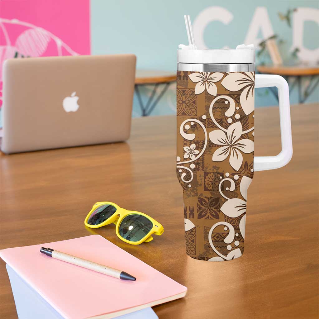 Plumeria Floral Tapa Pattern Vintage Gold Tumbler With Handle LT01 - Polynesian Pride