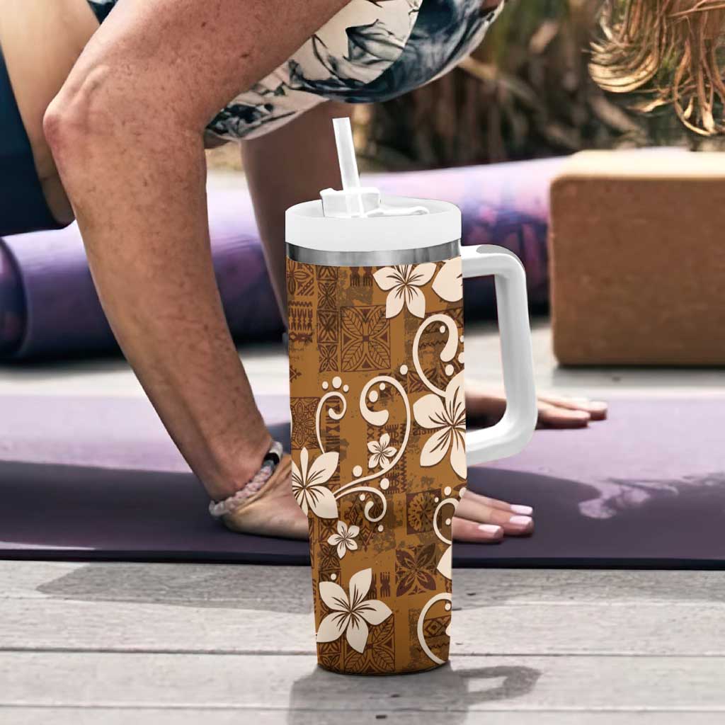Plumeria Floral Tapa Pattern Vintage Gold Tumbler With Handle LT01 - Polynesian Pride