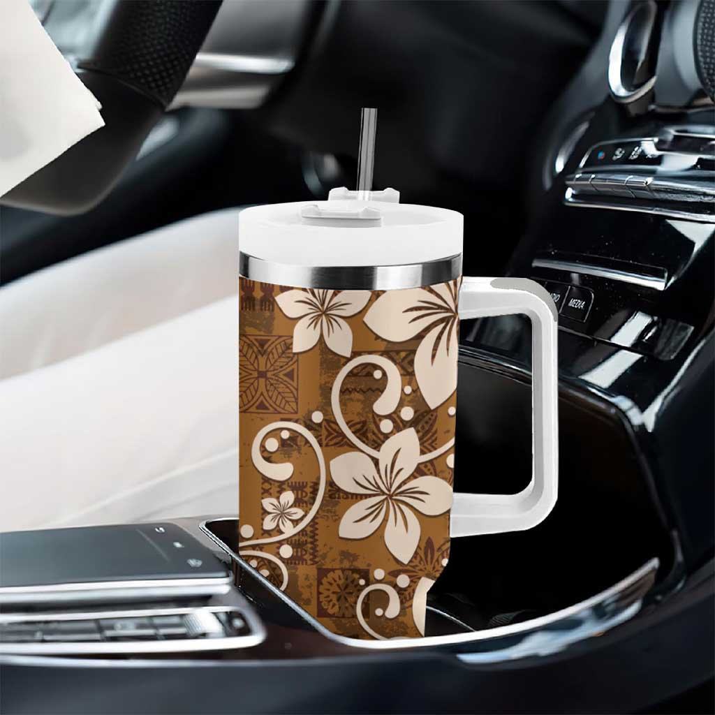 Plumeria Floral Tapa Pattern Vintage Gold Tumbler With Handle LT01 - Polynesian Pride