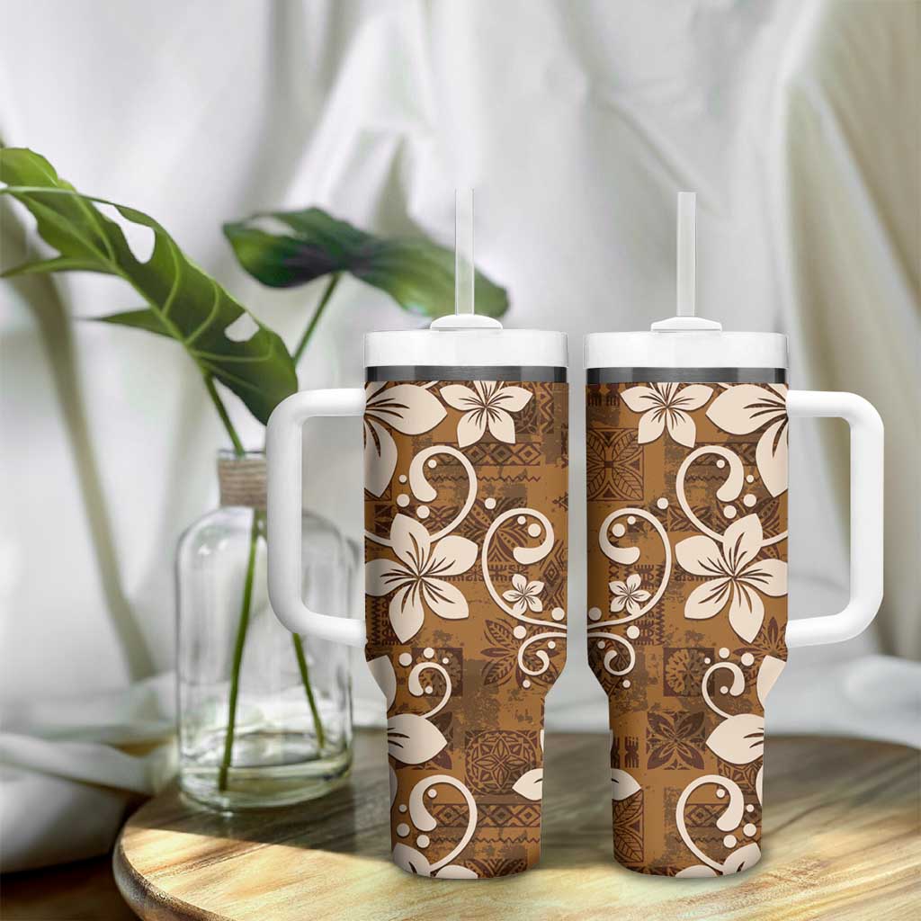 Plumeria Floral Tapa Pattern Vintage Gold Tumbler With Handle LT01 - Polynesian Pride
