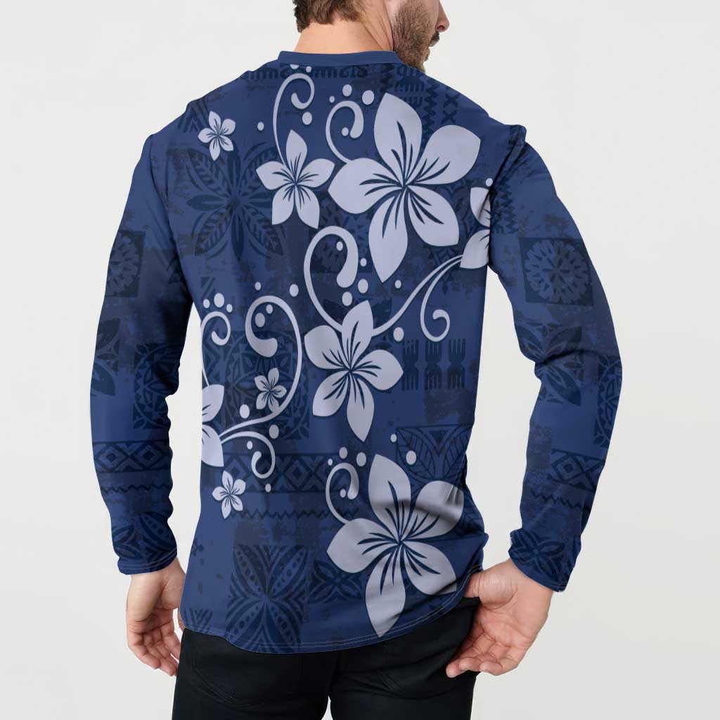 Plumeria Floral Tapa Pattern Navy Blue Button Sweatshirt