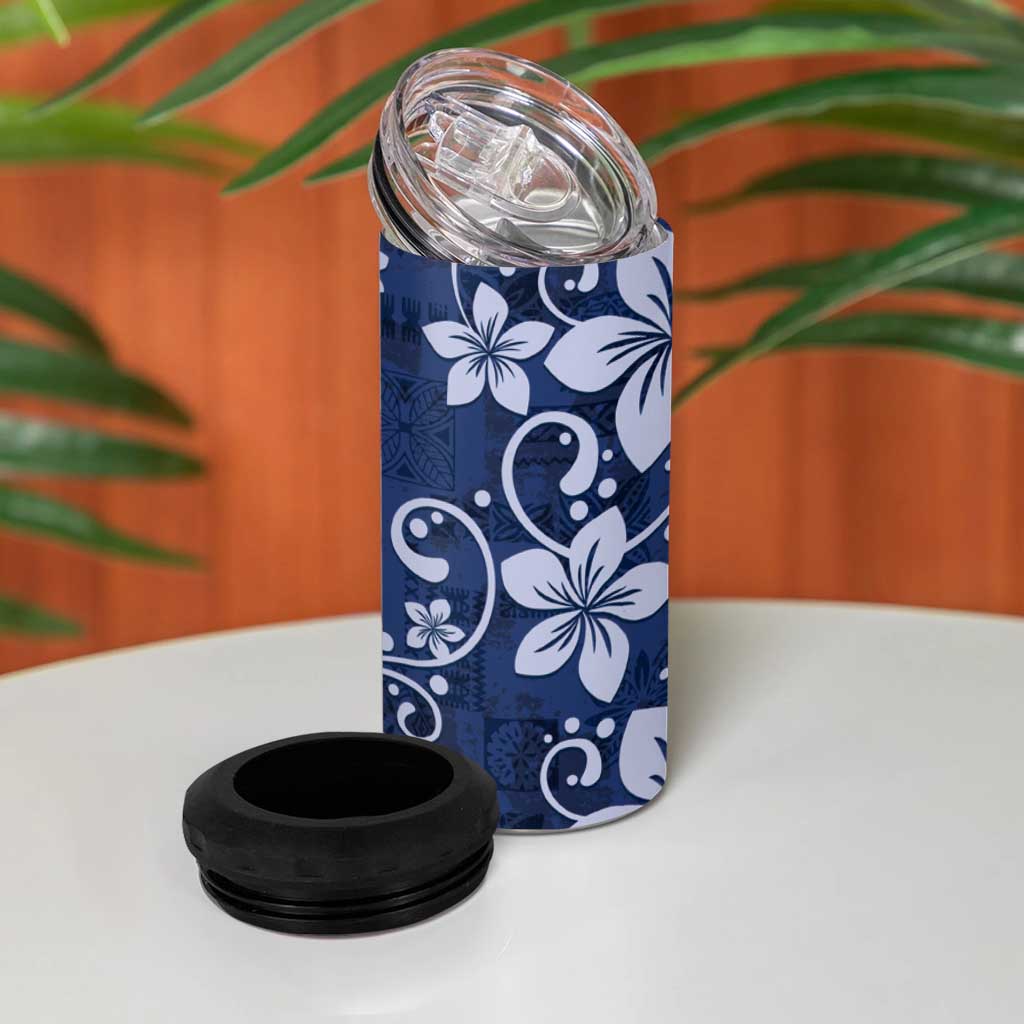 Plumeria Floral Tapa Pattern Navy Blue 4 in 1 Can Cooler Tumbler