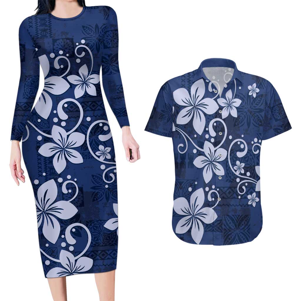 Plumeria Floral Tapa Pattern Navy Blue Couples Matching Long Sleeve Bodycon Dress and Hawaiian Shirt LT01 Blue - Polynesian Pride