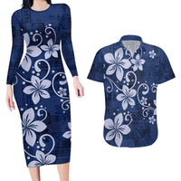 Plumeria Floral Tapa Pattern Navy Blue Couples Matching Long Sleeve Bodycon Dress and Hawaiian Shirt LT01 Blue - Polynesian Pride