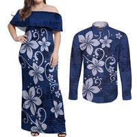 Plumeria Floral Tapa Pattern Navy Blue Couples Matching Off Shoulder Maxi Dress and Long Sleeve Button Shirt LT01 Blue - Polynesian Pride