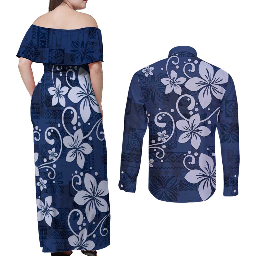 Plumeria Floral Tapa Pattern Navy Blue Couples Matching Off Shoulder Maxi Dress and Long Sleeve Button Shirt LT01 - Polynesian Pride