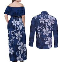 Plumeria Floral Tapa Pattern Navy Blue Couples Matching Off Shoulder Maxi Dress and Long Sleeve Button Shirt LT01 - Polynesian Pride