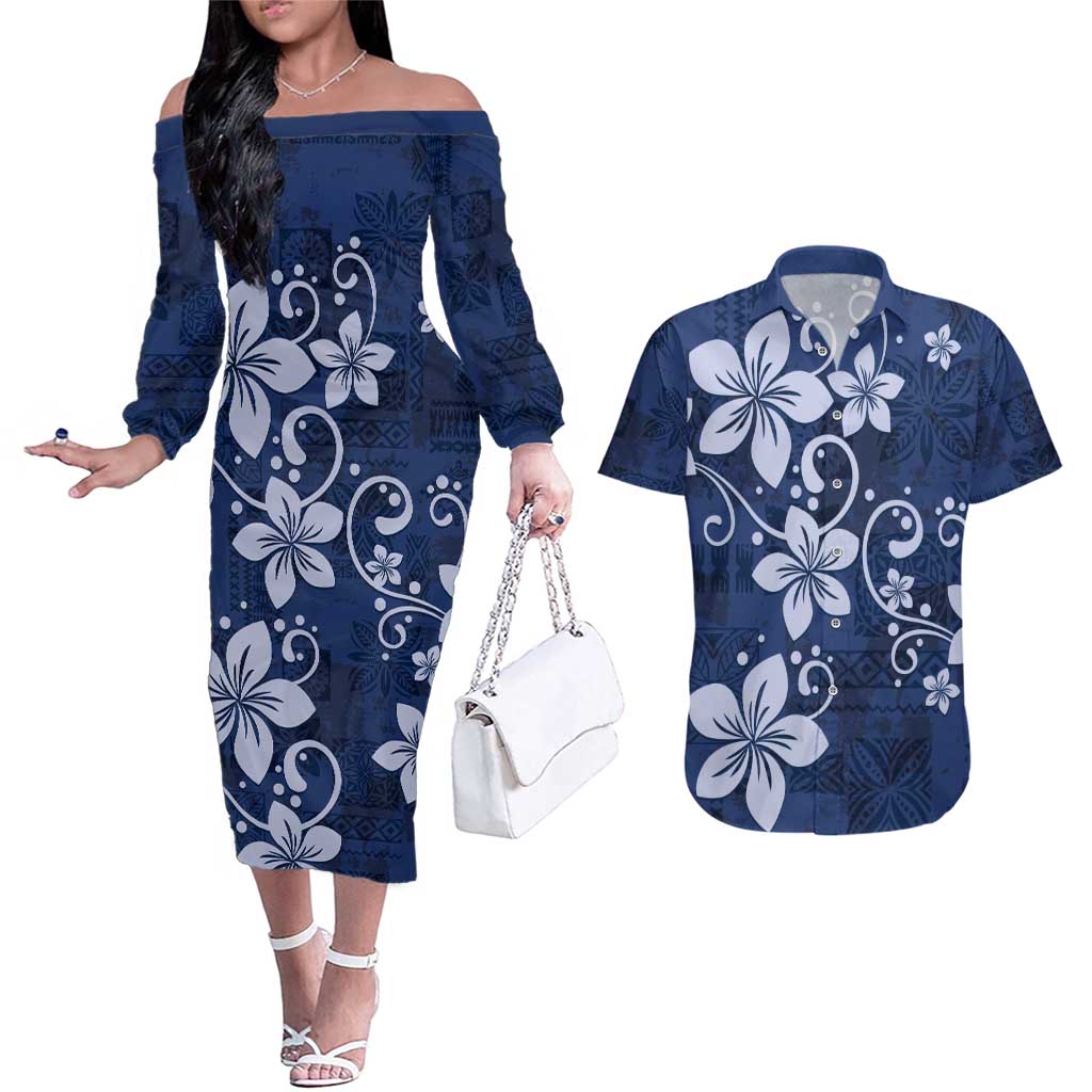 Plumeria Floral Tapa Pattern Navy Blue Couples Matching Off The Shoulder Long Sleeve Dress and Hawaiian Shirt LT01 Blue - Polynesian Pride