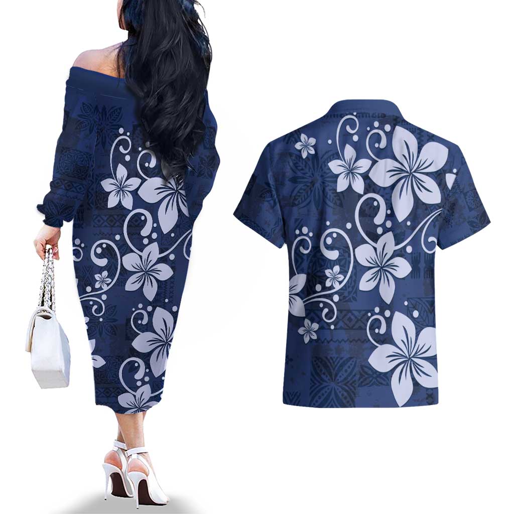 Plumeria Floral Tapa Pattern Navy Blue Couples Matching Off The Shoulder Long Sleeve Dress and Hawaiian Shirt LT01 - Polynesian Pride