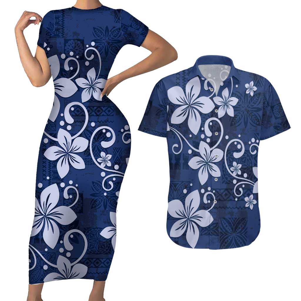 Plumeria Floral Tapa Pattern Navy Blue Couples Matching Short Sleeve Bodycon Dress and Hawaiian Shirt LT01 Blue - Polynesian Pride