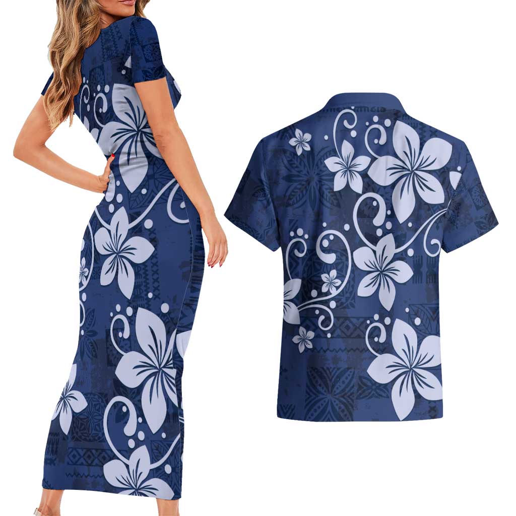Plumeria Floral Tapa Pattern Navy Blue Couples Matching Short Sleeve Bodycon Dress and Hawaiian Shirt LT01 - Polynesian Pride