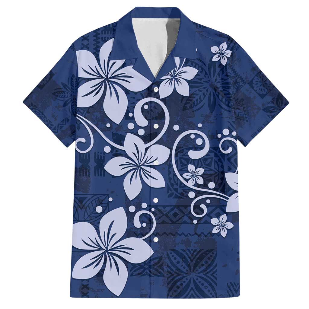 Plumeria Floral Tapa Pattern Navy Blue Family Matching Long Sleeve Bodycon Dress and Hawaiian Shirt LT01 Dad's Shirt - Short Sleeve Blue - Polynesian Pride