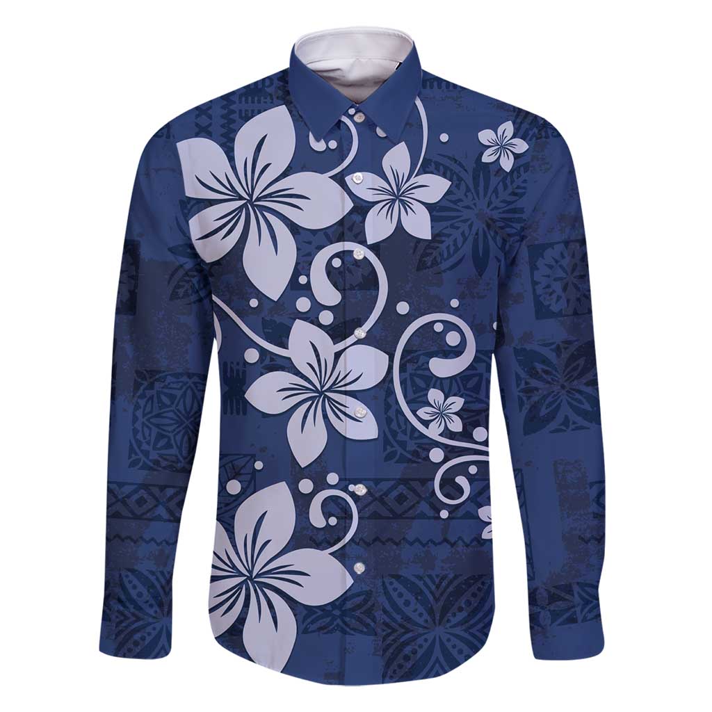 Plumeria Floral Tapa Pattern Navy Blue Family Matching Long Sleeve Bodycon Dress and Hawaiian Shirt LT01 Dad's Shirt - Long Sleeve Blue - Polynesian Pride