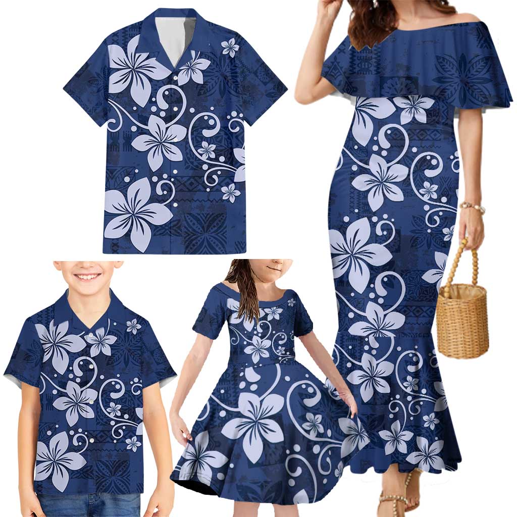 Plumeria Floral Tapa Pattern Navy Blue Family Matching Mermaid Dress and Hawaiian Shirt LT01 - Polynesian Pride