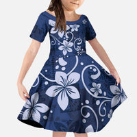 Plumeria Floral Tapa Pattern Navy Blue Family Matching Off The Shoulder Long Sleeve Dress and Hawaiian Shirt LT01 Daughter's Dress Blue - Polynesian Pride