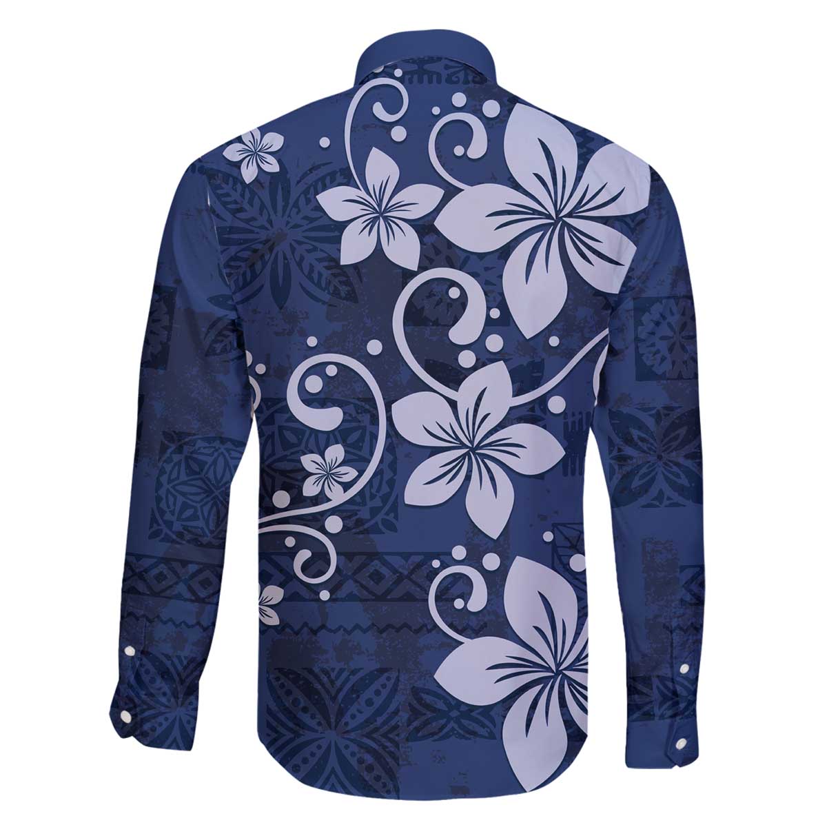 Plumeria Floral Tapa Pattern Navy Blue Family Matching Off The Shoulder Long Sleeve Dress and Hawaiian Shirt LT01 - Polynesian Pride