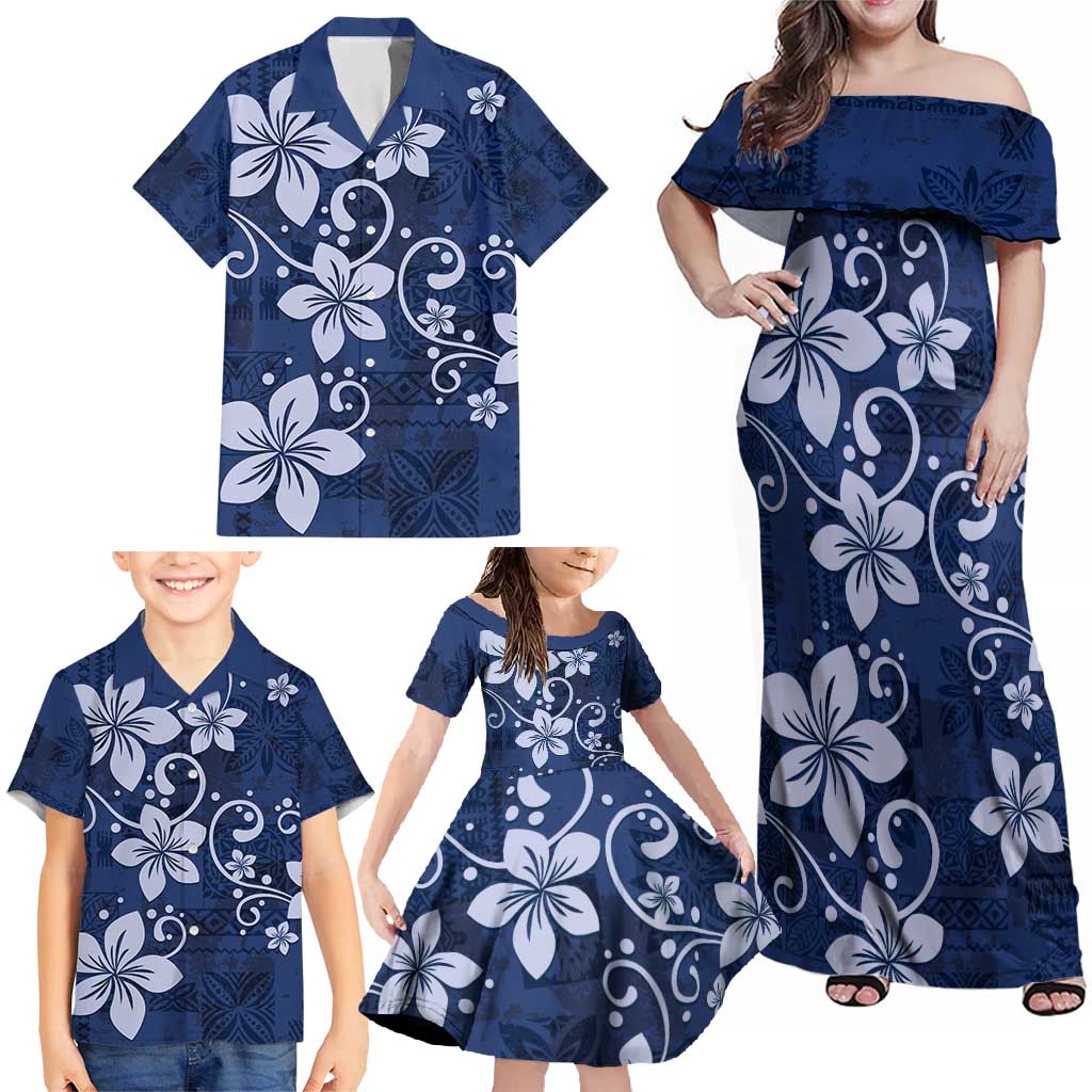 Plumeria Floral Tapa Pattern Navy Blue Family Matching Off Shoulder Maxi Dress and Hawaiian Shirt LT01 - Polynesian Pride