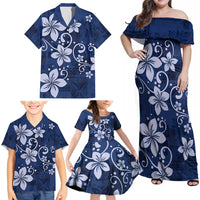 Plumeria Floral Tapa Pattern Navy Blue Family Matching Off Shoulder Maxi Dress and Hawaiian Shirt LT01 - Polynesian Pride