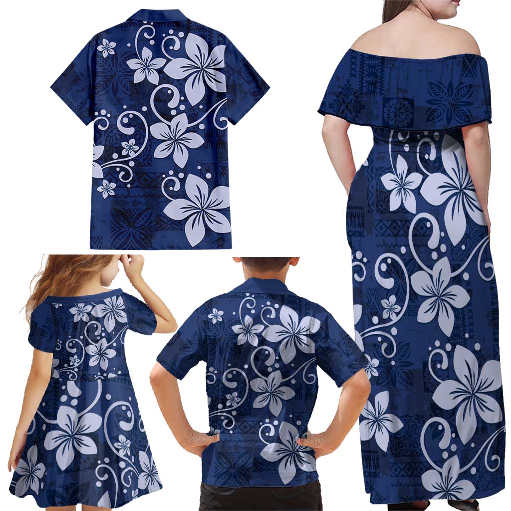 Plumeria Floral Tapa Pattern Navy Blue Family Matching Off Shoulder Maxi Dress and Hawaiian Shirt LT01 - Polynesian Pride