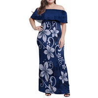 Plumeria Floral Tapa Pattern Navy Blue Family Matching Off Shoulder Maxi Dress and Hawaiian Shirt LT01 Mom's Dress Blue - Polynesian Pride
