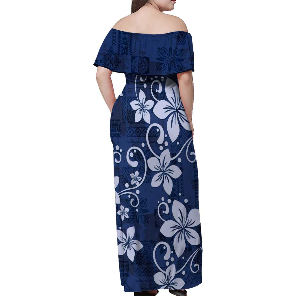 Plumeria Floral Tapa Pattern Navy Blue Family Matching Off Shoulder Maxi Dress and Hawaiian Shirt LT01 - Polynesian Pride
