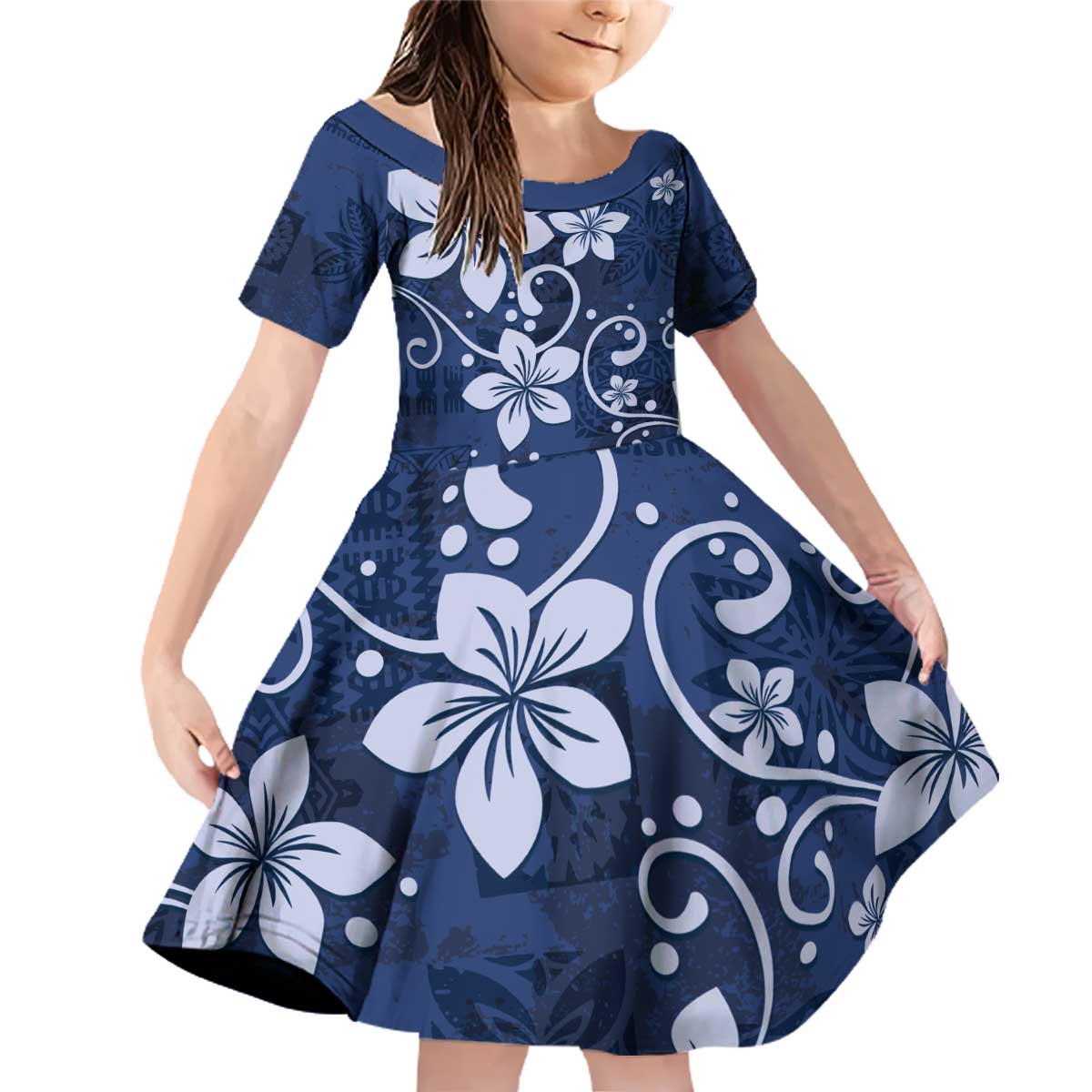 Plumeria Floral Tapa Pattern Navy Blue Family Matching Off Shoulder Short Dress and Hawaiian Shirt LT01 Daughter's Dress Blue - Polynesian Pride