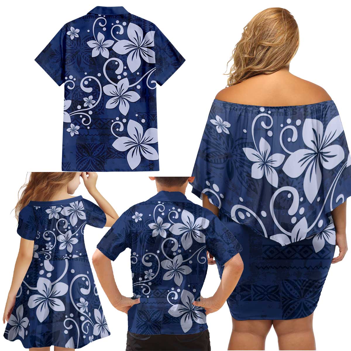 Plumeria Floral Tapa Pattern Navy Blue Family Matching Off Shoulder Short Dress and Hawaiian Shirt LT01 - Polynesian Pride