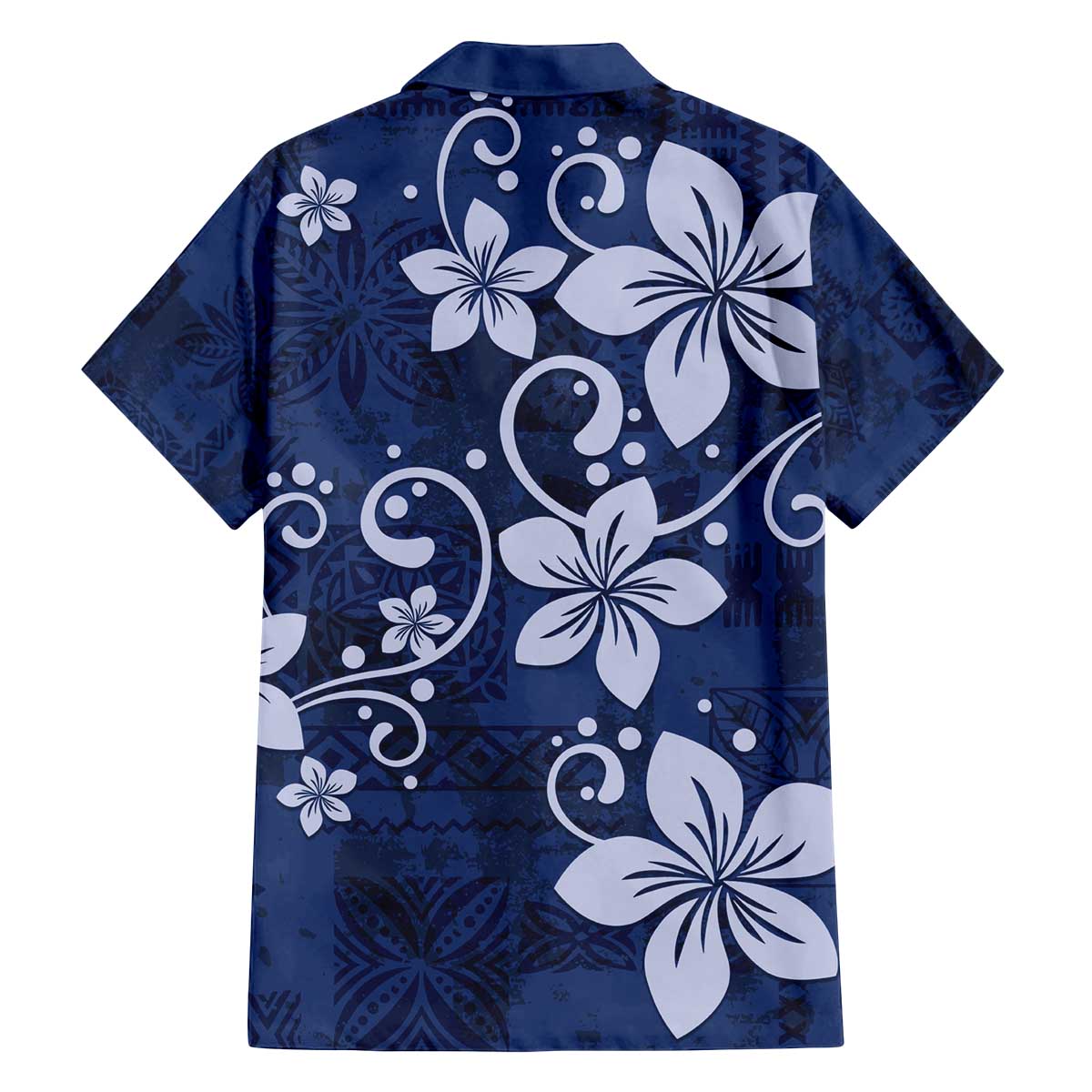 Plumeria Floral Tapa Pattern Navy Blue Family Matching Off Shoulder Short Dress and Hawaiian Shirt LT01 - Polynesian Pride
