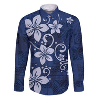 Plumeria Floral Tapa Pattern Navy Blue Family Matching Off Shoulder Short Dress and Hawaiian Shirt LT01 Dad's Shirt - Long Sleeve Blue - Polynesian Pride