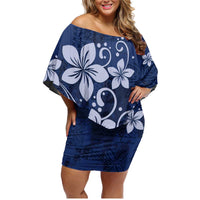 Plumeria Floral Tapa Pattern Navy Blue Family Matching Off Shoulder Short Dress and Hawaiian Shirt LT01 Mom's Dress Blue - Polynesian Pride
