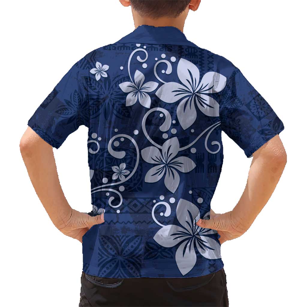 Plumeria Floral Tapa Pattern Navy Blue Family Matching Short Sleeve Bodycon Dress and Hawaiian Shirt LT01 - Polynesian Pride