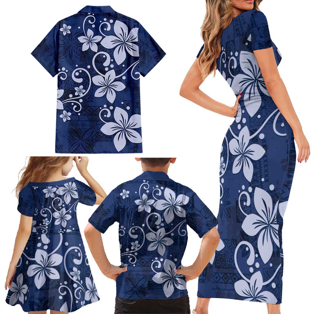 Plumeria Floral Tapa Pattern Navy Blue Family Matching Short Sleeve Bodycon Dress and Hawaiian Shirt LT01 - Polynesian Pride