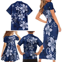 Plumeria Floral Tapa Pattern Navy Blue Family Matching Short Sleeve Bodycon Dress and Hawaiian Shirt LT01 - Polynesian Pride