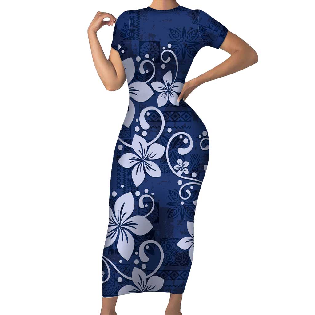 Plumeria Floral Tapa Pattern Navy Blue Family Matching Short Sleeve Bodycon Dress and Hawaiian Shirt LT01 Mom's Dress Blue - Polynesian Pride