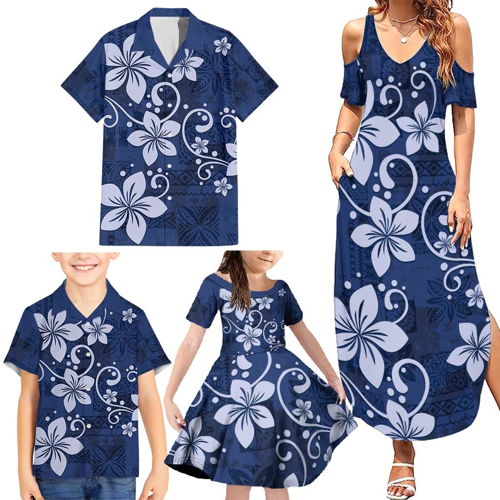 Plumeria Floral Tapa Pattern Navy Blue Family Matching Summer Maxi Dress and Hawaiian Shirt LT01 - Polynesian Pride