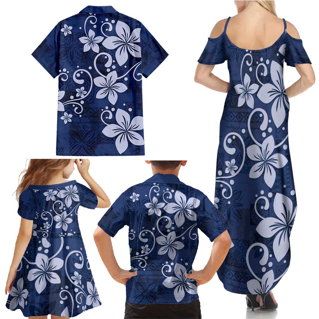 Plumeria Floral Tapa Pattern Navy Blue Family Matching Summer Maxi Dress and Hawaiian Shirt LT01 - Polynesian Pride