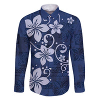 Plumeria Floral Tapa Pattern Navy Blue Family Matching Summer Maxi Dress and Hawaiian Shirt LT01 Dad's Shirt - Long Sleeve Blue - Polynesian Pride