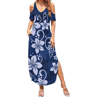 Plumeria Floral Tapa Pattern Navy Blue Family Matching Summer Maxi Dress and Hawaiian Shirt LT01 Mom's Dress Blue - Polynesian Pride