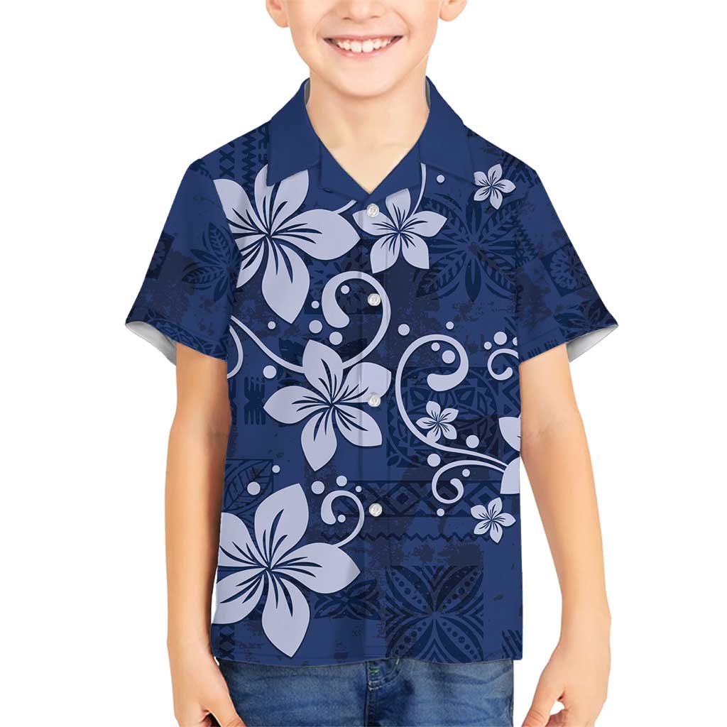Plumeria Floral Tapa Pattern Navy Blue Family Matching Summer Maxi Dress and Hawaiian Shirt LT01 Son's Shirt Blue - Polynesian Pride
